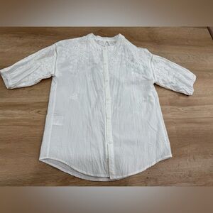 White Embroidered Button-Front Blouse